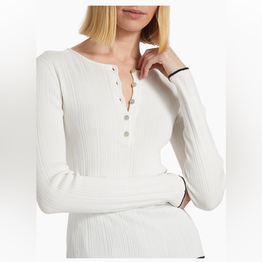 New Vince Rib-Knit Henley Blouse Top